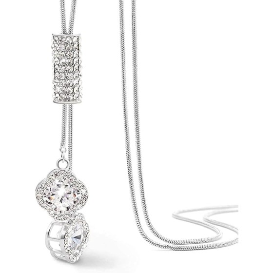 ロングネックレス レディース ファッション 女性用 長いネックレス Y字 キラキラ セーターチェーン スライド調整式 プレゼント 女性 アクセサリー ジュエリー (銀色)