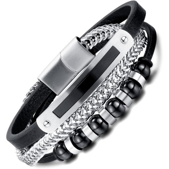 ブレスレット メンズ ブラック 黒 3連ブレスレット レザー 蛇骨 数珠ブレスレット珠腕輪 結婚式 アクセサリー