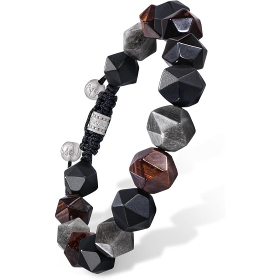 メンズ編み込みビーズブレスレット アメジスト・タイガーアイ・スモーキークォーツ・ゴールデンオブシディアン 天然石 スターリングシルバー製留め具付き (10mmジェムストーン) メンズギフト 15.5cm〜19cm