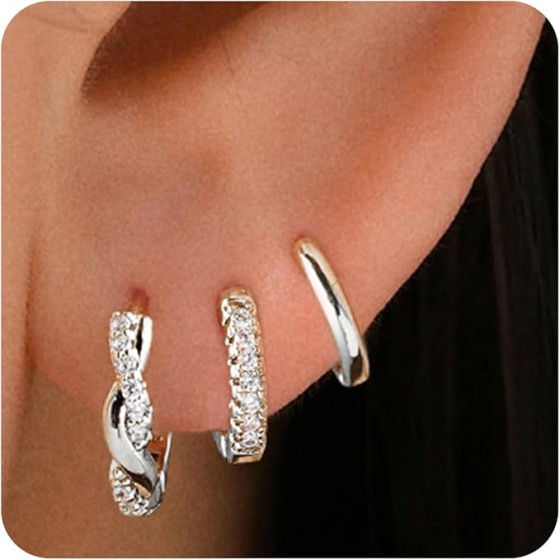 3ペア ピアス レディース フープピアス リングピアス サークル 中折れ キャッチレス 開閉式 ジルコニア シルバー ゴールド 小さめ 小さい 小振り 小ぶり シンプル つけっぱなし 両耳用 セット 男女兼用 ユニセックス 金属アレルギー対応 ギフトBOX付き