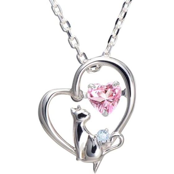 ネックレス レディース ハート 猫 ダンシングストーン シルバー 選べる 誕生石 【ベビーピンクカラー】 2月 アメジスト