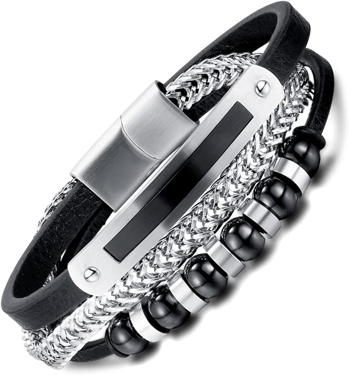 ブレスレット メンズ ブラック 黒 3連ブレスレット レザー 蛇骨 数珠ブレスレット珠腕輪 結婚式 アクセサリー