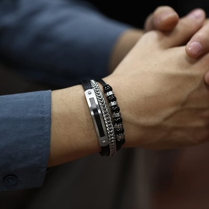 ブレスレット メンズ ブラック 黒 3連ブレスレット レザー 蛇骨 数珠ブレスレット珠腕輪 結婚式 アクセサリー