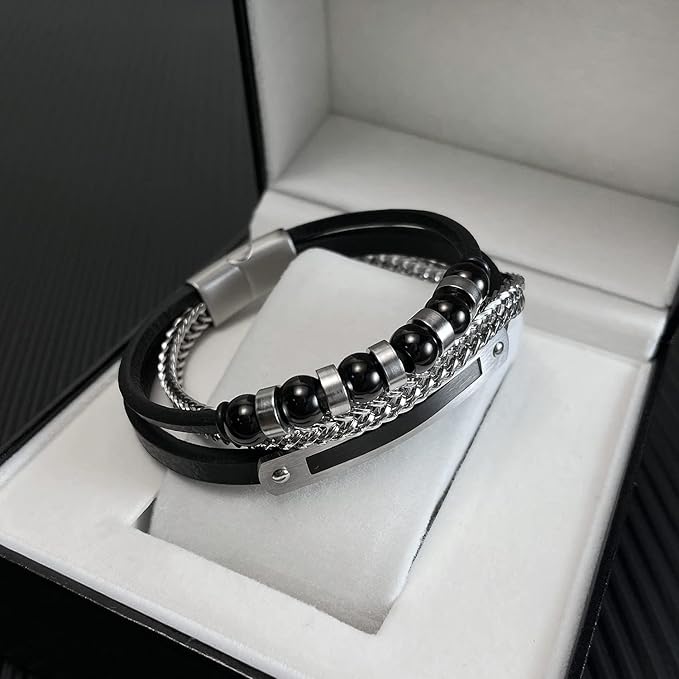 ブレスレット メンズ ブラック 黒 3連ブレスレット レザー 蛇骨 数珠ブレスレット珠腕輪 結婚式 アクセサリー