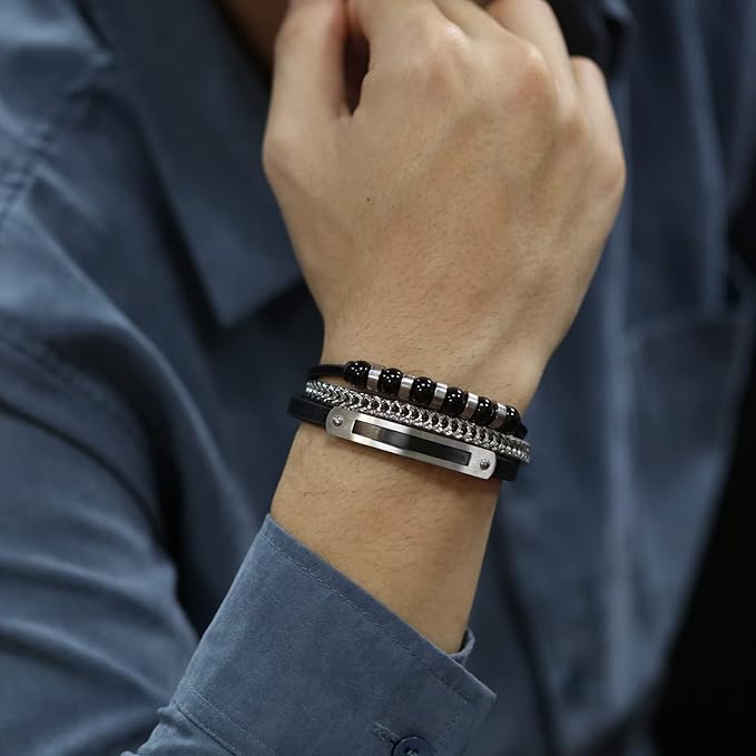 ブレスレット メンズ ブラック 黒 3連ブレスレット レザー 蛇骨 数珠ブレスレット珠腕輪 結婚式 アクセサリー