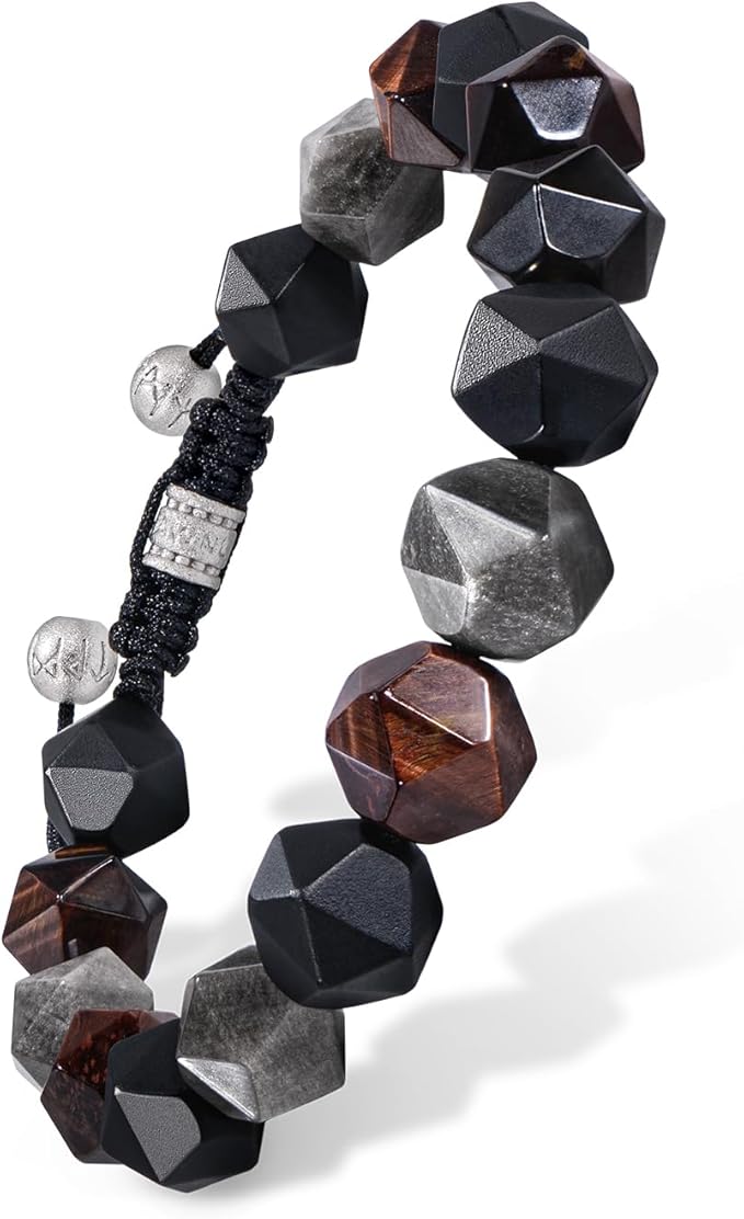 メンズ編み込みビーズブレスレット アメジスト・タイガーアイ・スモーキークォーツ・ゴールデンオブシディアン 天然石 スターリングシルバー製留め具付き (10mmジェムストーン) メンズギフト 15.5cm〜19cm