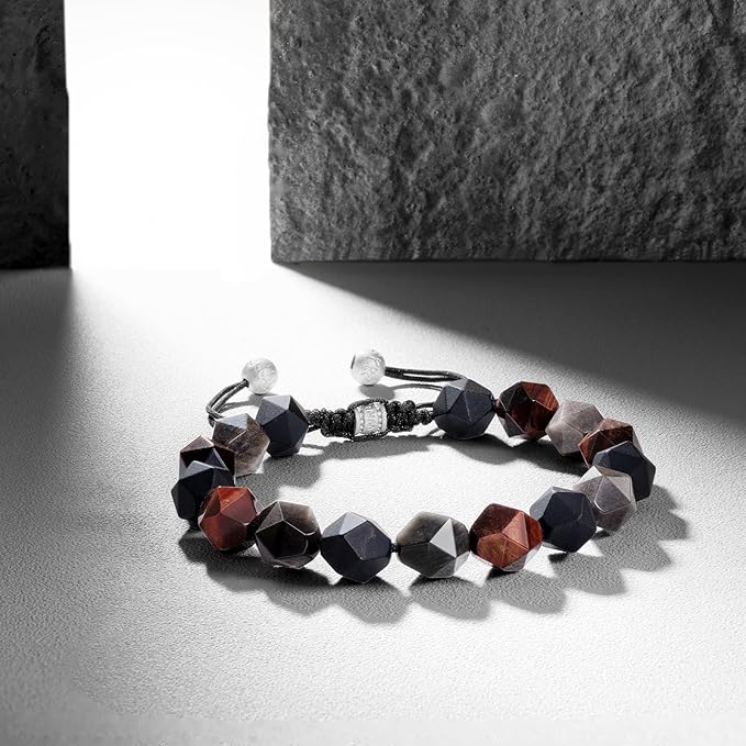 メンズ編み込みビーズブレスレット アメジスト・タイガーアイ・スモーキークォーツ・ゴールデンオブシディアン 天然石 スターリングシルバー製留め具付き (10mmジェムストーン) メンズギフト 15.5cm〜19cm